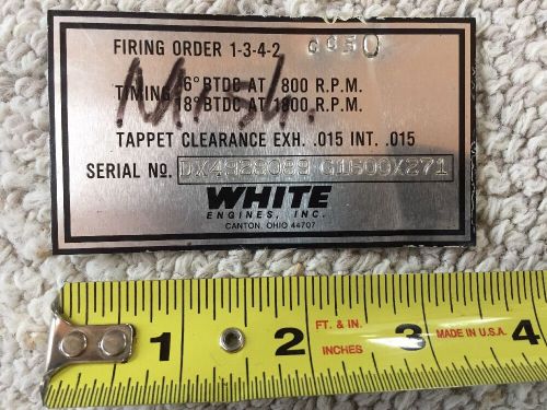 Vintage Engine ENGINE ID Block Serial No Metal Tag Sign WHITE