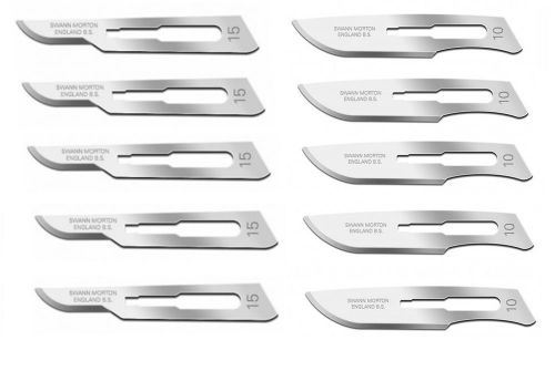 Set of 10 Swann Morton Sterile Carbon Steel Surgical Scalpel Blades #10 #15