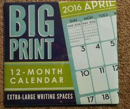 2016 LARGE PRINT Calendar XL WRITING SPACES, NUMBERS &amp; LETTERS 12&#034; x 11&#034; NEW NIP