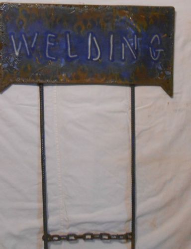 WELDING SIGN WHITE ON BLUE USED 10 x 20 SCULLS AND FLAMES YARD MOUNT STEAM PUNK