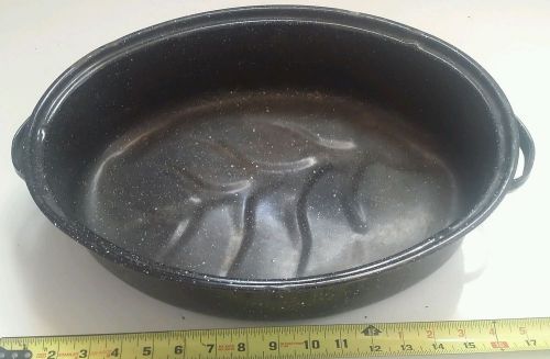 Large Antique Enameled Metal Oven Roaster &amp; Handles 16 x 12&#034; TURKEY Roasting Pan