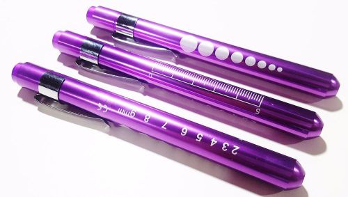 Set of 3 Purple Aluminum Penlight Pocket Medical LED with Pupil Gauge Reusable