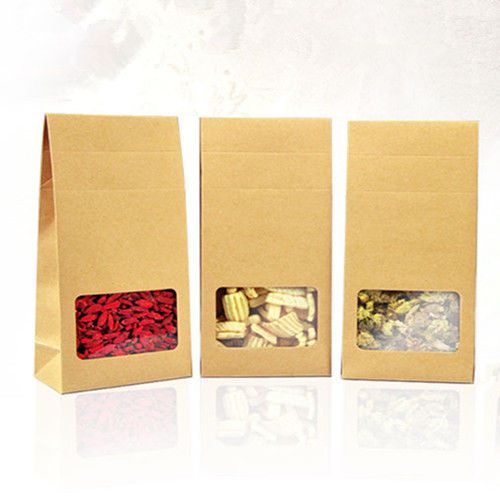 1 - 200X Side Gusset Kraft Paper Packaging Bags With Window Food Grade Pouches