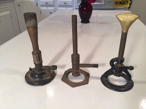Lot of (3) Vintage Bunsen Burners ~ Chem Lab Heating Tools Equipment Brass Iron
