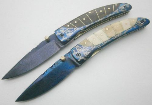 One of kind! Custom made colored damascus folding knife lot of 2 uk-00063.913f