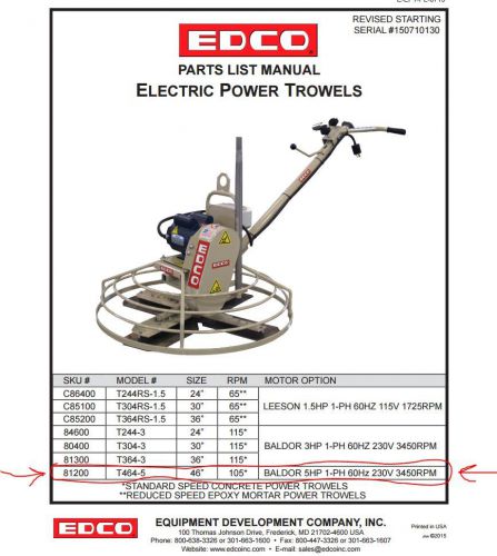 EDCO T464-5B/230/1, Power Trowel, 46&#034;, 5 HP, Electric, Concrete, Tool, Smoother