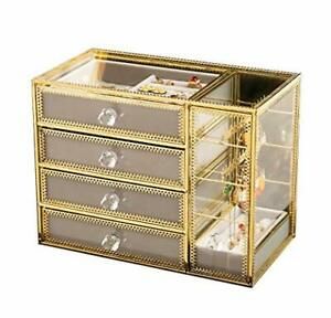 MOOCHI Golden Brass Vintage Glass 4 Drawers Jewelry Box with Earrings Hanging
