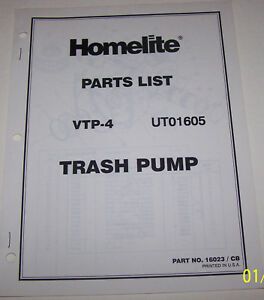 HOMELITE VTP-4 4 CYCLE GAS TRASH PUMP PARTS LIST