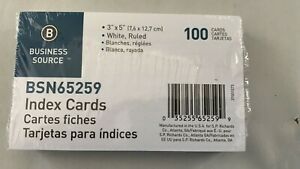 New, BSN65259, Ruled White Index Cards, 100 / Pack, 5&#034; W x 3&#034; L. Free Shipping