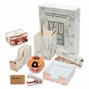 Marble Desk Set Rose Gold Desk Organizer Set with Stapler Tape Dispenser Memo St