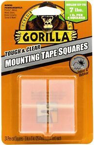Gorilla Tough &amp; Clear Double Sided Mounting Tape Squares, 24 1&#034; Pre-Cut Squares,