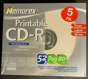 Memorex Printable Blank CD-R 5 Pack 52x 700MB 80min Music Memories New/Sealed