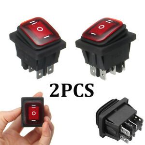 2x Waterproof 3-Position Rocker Switch Red LED ON/OFF/ON 6-Pin DPDT AC 10A/250V