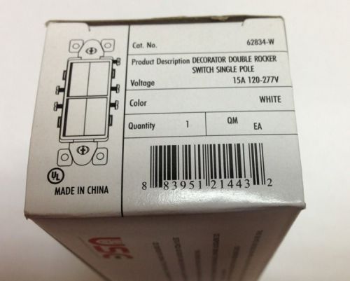 New 15A Decorator Double Switch Single Pole Stack Rocker Switch 62834-W White