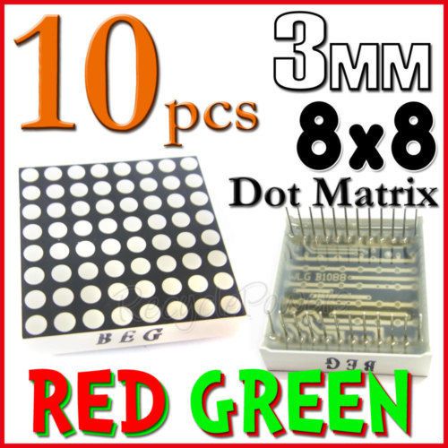 10 dot matrix led 3mm 8x8 red green common anode 24 pin 64 led displays module for sale