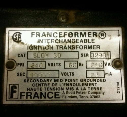 Franceformer interchangeable ignition transformer 240v 60hz 10000 sec volts for sale