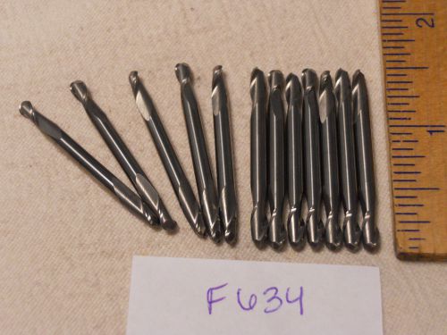 12 NEW 1/8&#034; SHANK CARBIDE END MILLS. 2 FLUTE. DOUBLE END. BALL. USA MADE {F634}