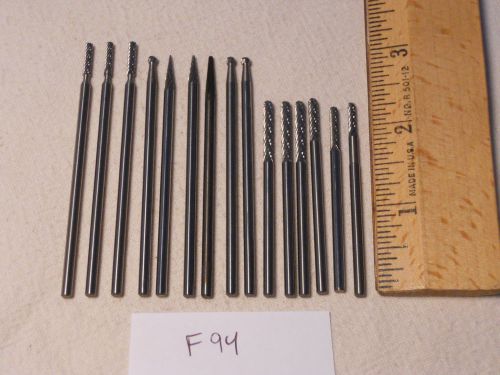15 NEW 3 MM SHANK CARBIDE BURRS. GREAT VARIETY OF SHAPES. LONGS. USA MADE  {F94}