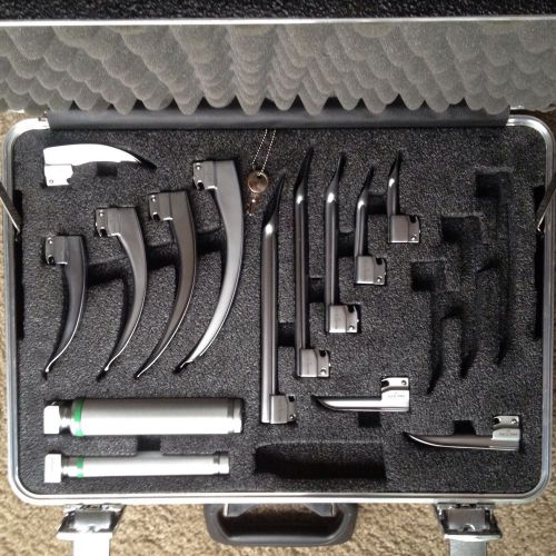 12 Laryngoscope Blades Fiber Opt Propper Mac, Miller, Pro + 2 HANDLE &amp; Case, Key