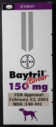 1x packs BAYTRIL Flavour 150 mg x10 tablets for dogs FDA App:2001 VETERINARY