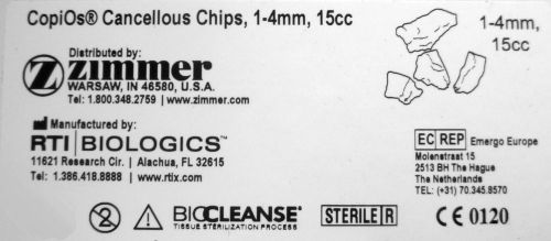 Zimmer CopiOs Cancellous Chips 1-4mm 15cc 00-1105-070-15