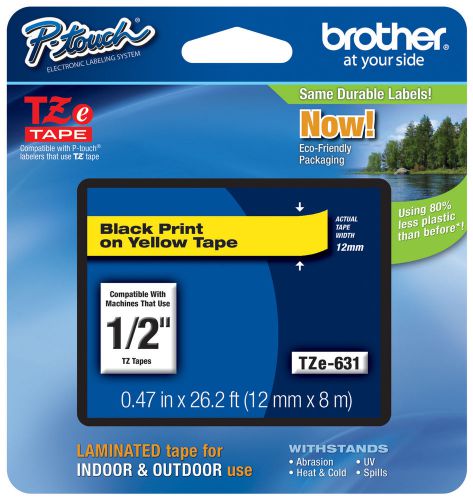 Brother p-touch labels for pt-h100, pth100, tz631, tze631, 1/2&#034; black on yellow for sale