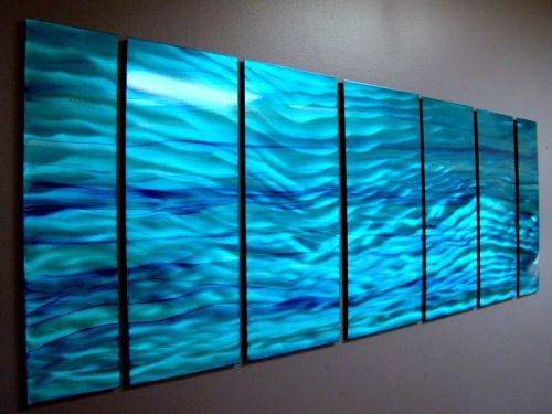 Modern abstract metal painting wall art home decor - aqua blue wave - jon allen for sale