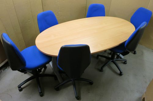 Beech Wood Oval Boardroom Meeting Table with 6x Herman Miller Blue Office Chairs