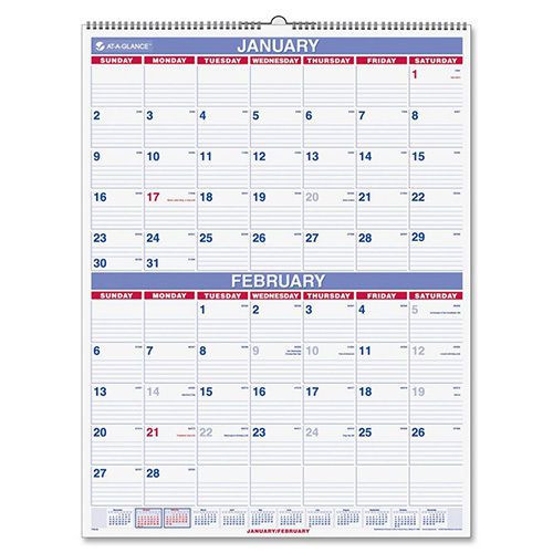 At-A-Glance 2-Month Wall Calendar Jan-Dec 2MPP 22&#034;x29&#034; BE/RD. Sold as Each