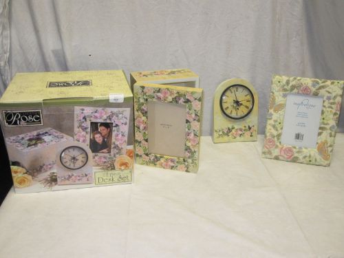 Country Rose Desk Set w/ Clock Frame &amp; Memory Box Original Box 3 Piece Set