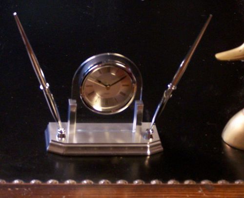 Desk set brushed aluminum base quartz clock &amp; silver finish pen set for sale