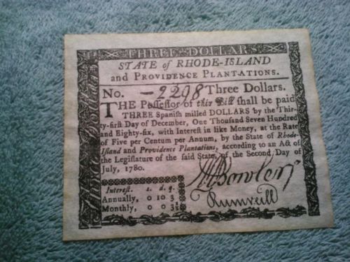 1780 Old Rhode Island $3 dollar antiqued note bill bank look &amp; feels real copy