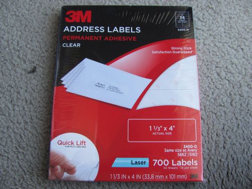 New 3M Address Label Permanent Adhesive Clear 3400-D (1 1/3” x 4”) 700 Labels