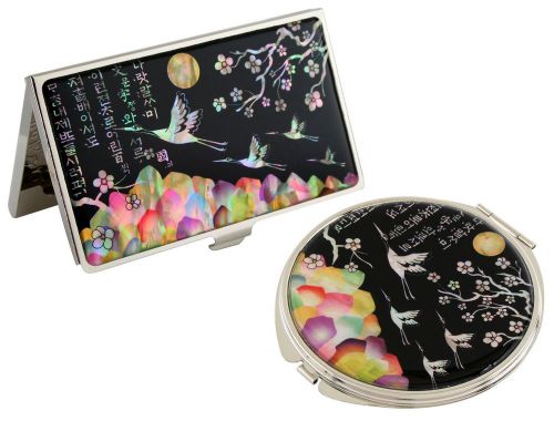 Nacre crane Business card holder ID case Makeup compact mirror gift set  #34