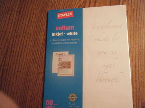 New in Package Staples Translucent Vellum  Inkjet White 50 Sheets 8&#034; X 11 &#034;