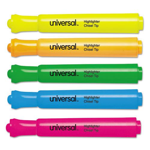 Universal Desk Highlighter, Chisel Tip, Fluorescent Colors, 5/Set, ST - UNV08860