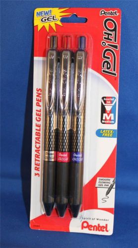 3 Pack Pentel Oh!Gel Retractable Gel Pens Black, Red &amp; Blue Ink