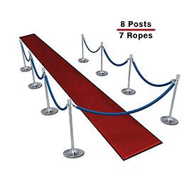 Queueing stanchions (8-pack with 7 blue velvet ropes) for sale