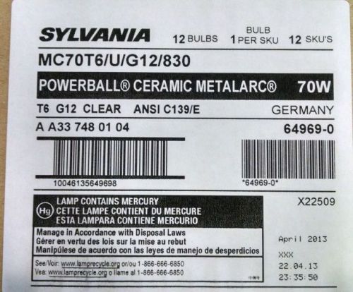 12 SYLVANIA 64969 MC70T6/U/G12/830 70W G12 CLEAR CERAMIC METALARC POWERBALL BULB