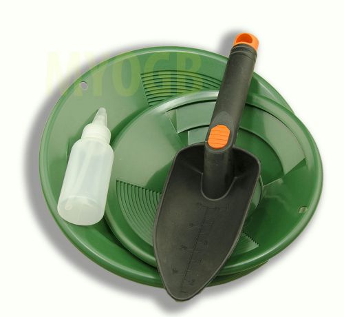 Gold panning kit 10&#034; &amp; 8&#034; green pans bottle snuffer &amp; scoop-mining prospecting for sale