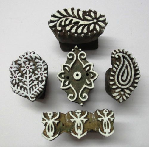 SET OF 5 WOODEN HAND CARVED TEXTILE PRINTING BLOCK STAMP UNIQUE PATTERN GIFT