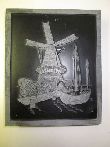 Antique Letterpress Printing Large Engraving on Metal Wood Block 5 3/4&#034; Windmill