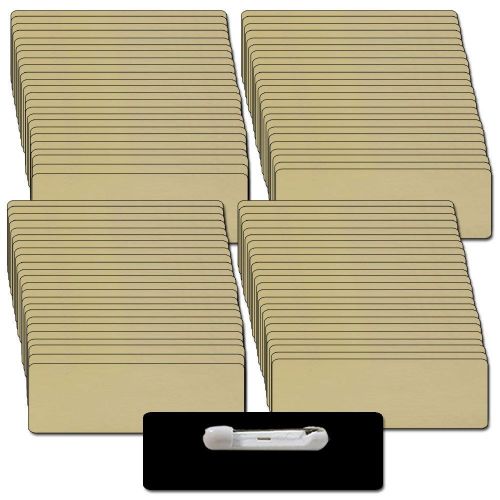 100 BLANK 1 X 3 GOLD NAME BADGES TAGS 1/8&#034; CORNERS AND SAFETY PIN FASTENERS