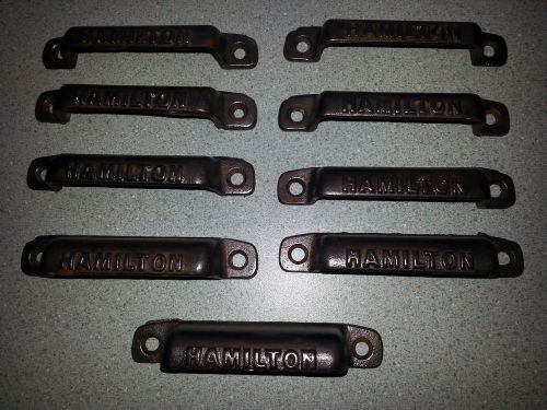 9 VINTAGE HAMILTON CAST IRON LETTERPRESS DRAWER PULLS HANDLES