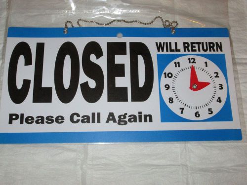 Open Close Sign with Will Return at Clock   (New Plastic Chain to Hang it )