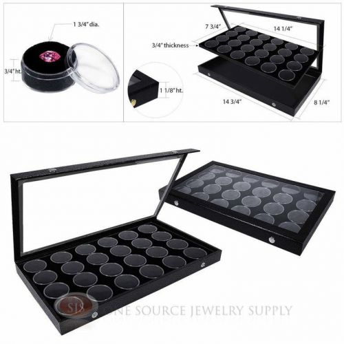 (2) View Top Acrylic Gemstone Display Cases w/ (2) 24 Gem Jar Black Case Inserts