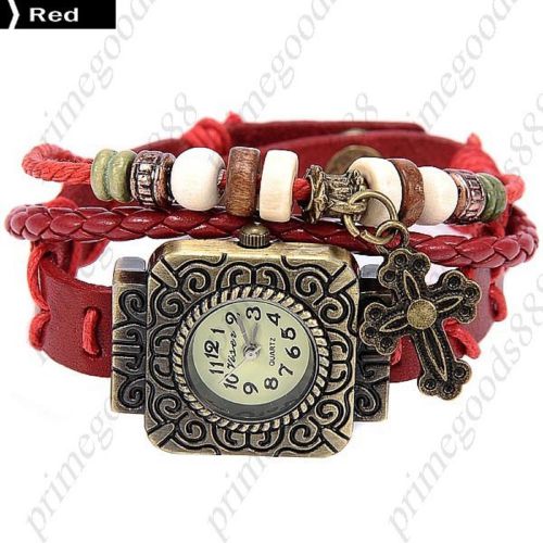 Square Case Cross PU Leather Analog Quartz Lady Ladies Wristwatch Women&#039;s Red