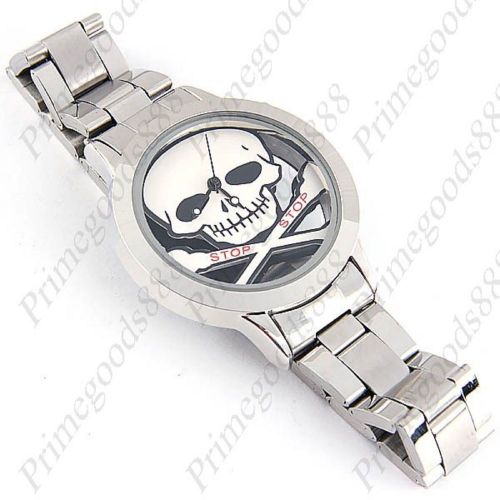 Skull and Cross Bones Hollow Dial Quartz Watch Wrist Stainless Steel Band Case