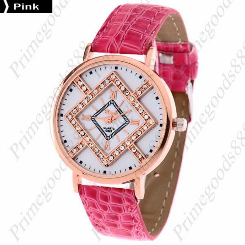 Diamond Shape Face Round Quartz PU Leather Lady Ladies Wristwatch Women&#039;s Pink