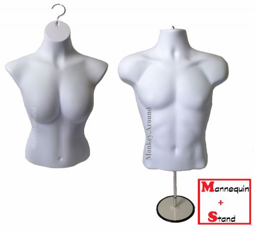 Set of 2 mannequin male + female dress form torso clothing display hanging stand for sale